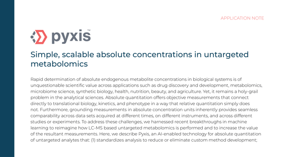 Application note cover page titled simple, scalable absolute concentrations in untargeted metabolomics